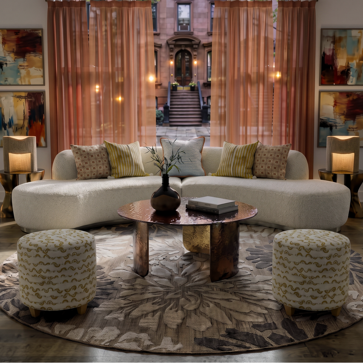 Bronze tempered glass round coffee table styled in a luxury living room with curved ivory sofa, patterned ottomans, botanical round rug, and rust sheer curtains