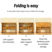 Three step process showing a brown bamboo folding desk transforming from fully extended to compact folded storage.