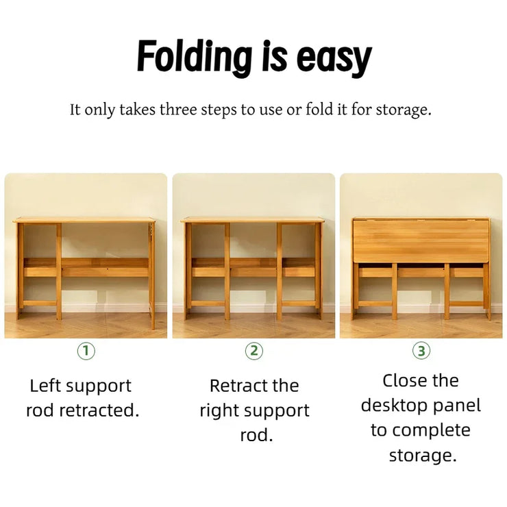 Three step process showing a brown bamboo folding desk transforming from fully extended to compact folded storage.