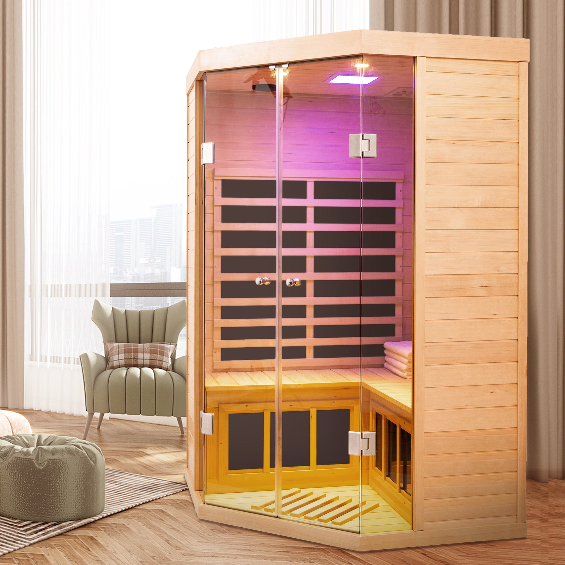 Deluxe Hemlock Far Infrared Corner Sauna Room with Glass Front for Two Persons - Fluent Trends