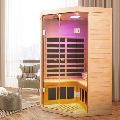 Deluxe Hemlock Far Infrared Corner Sauna Room with Glass Front for Two Persons - Fluent Trends