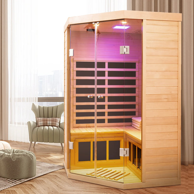 Deluxe Hemlock Far Infrared Corner Sauna Room with Glass Front for Two Persons - Fluent Trends
