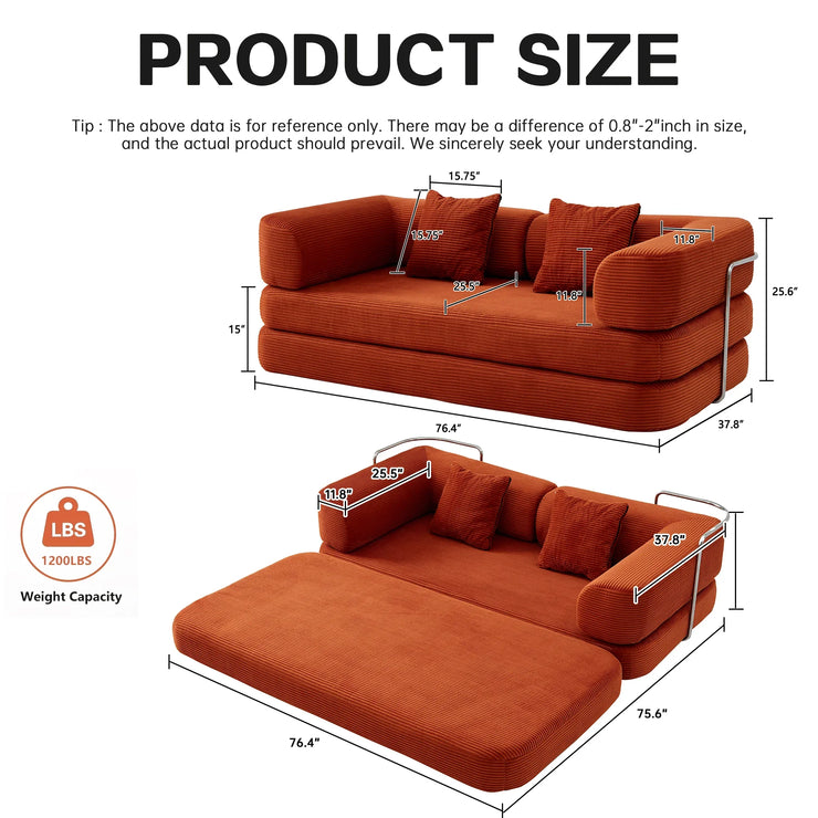 Red Corduroy 5-in-1 Modular Floor Sofa Sleeper Bed, No Assembly - Fluent Trends