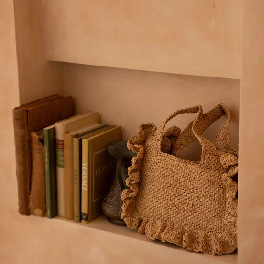 "Woven Floute Handbag with Pom-Pom Trim - Cream Crochet Tote Bag