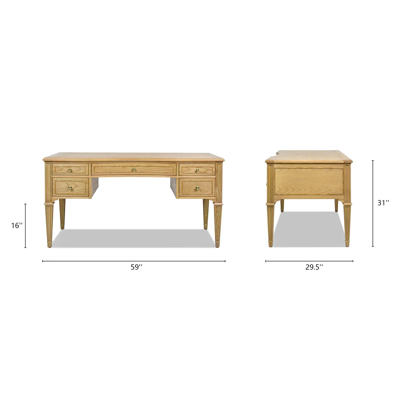 Dimensional diagram of an ash wood executive desk showing a width of 59 inches, height of 30 inches, and depth of 28 inches for office planning.