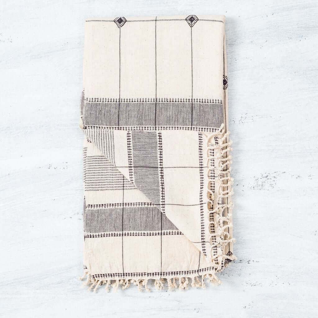 Mool Handwoven Artisanal King Size Organic Cotton Bedspread In Black & Off White