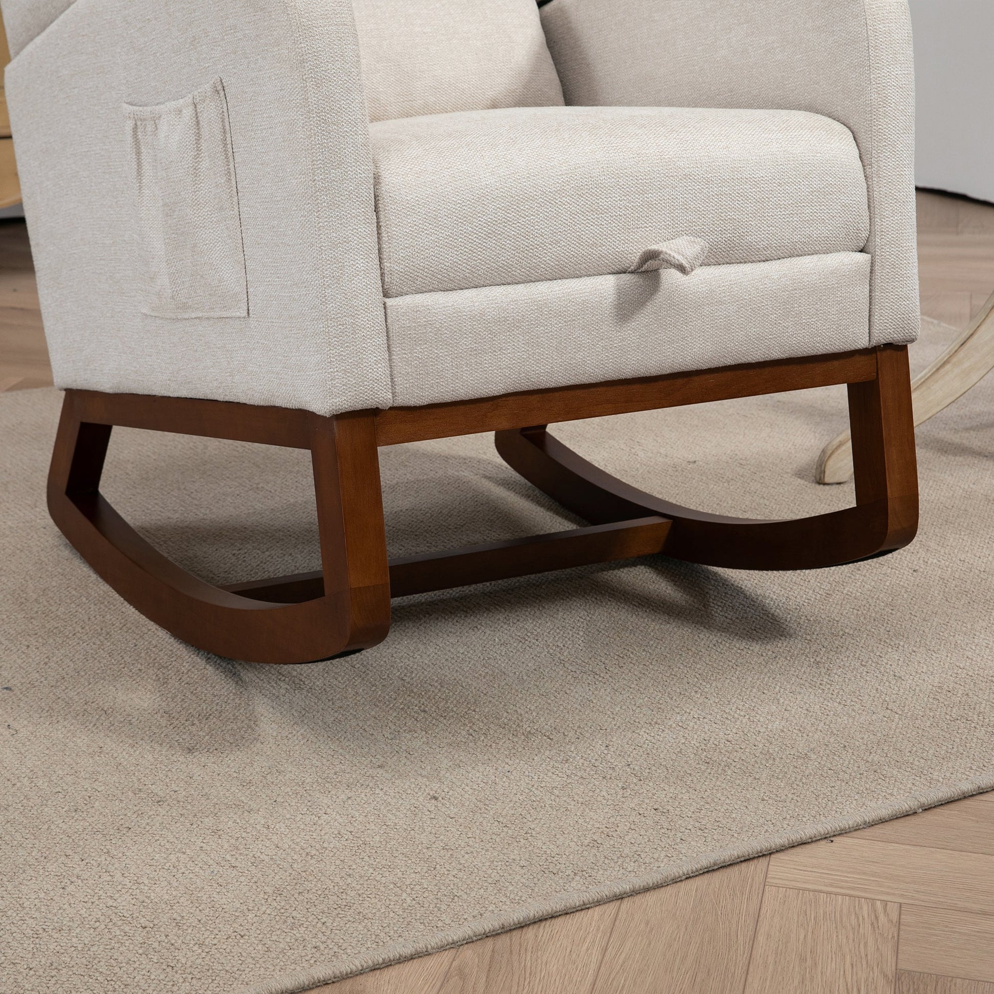 25.4'W Modern Rocking Chair for Nursery, Mid Century Accent Arm Rocker With Retractable Footrest, Side Pocket, Comfy Upholstered Wingback Wooden Glider Chair for Living Room Baby Kids Room. Beige Streamdale Furniture