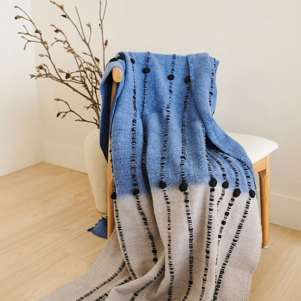 Mari Serene Blue Gray Calming Hues Hand Woven Hand Knotted Textured Merino Throw - Fluent Trends Throw Blankets