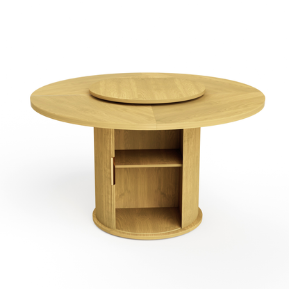 Fluent Trends 55" round natural wood dining table with rotating tray, open storage shelf, and wavy sliding door