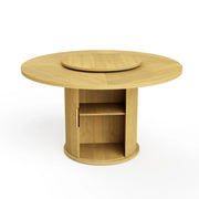 Fluent Trends 55" round natural wood dining table with rotating tray, open storage shelf, and wavy sliding door