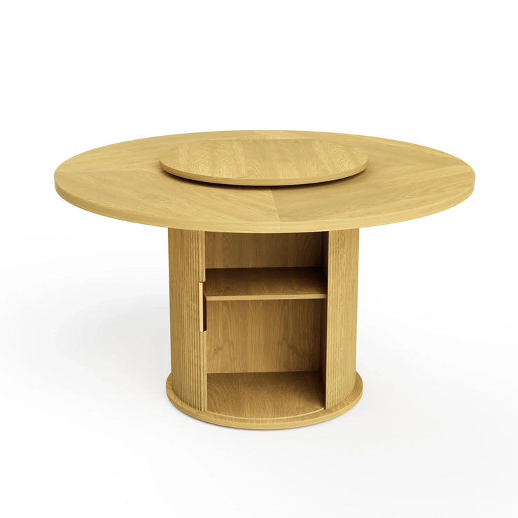 Fluent Trends 55" round natural wood dining table with rotating tray, open storage shelf, and wavy sliding door