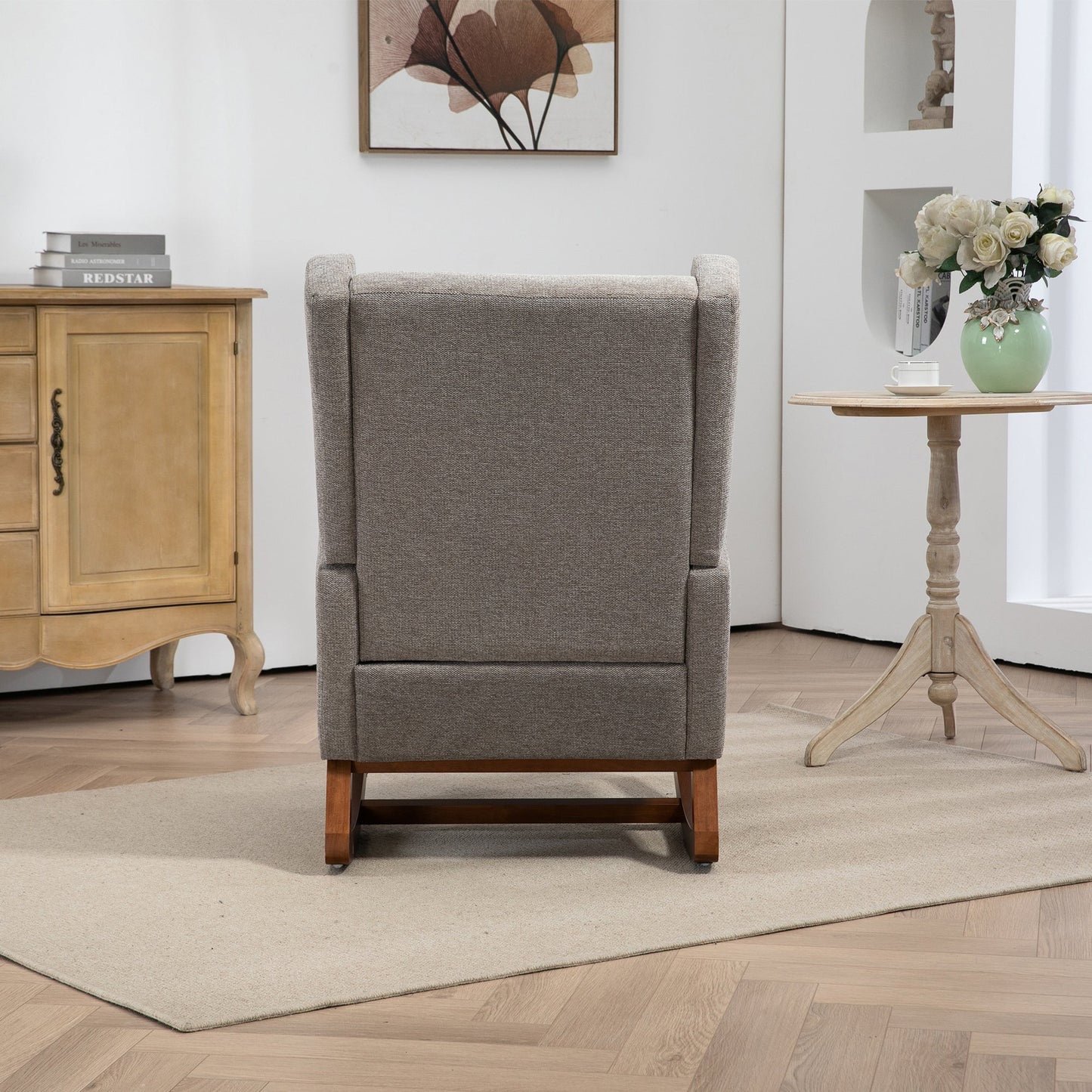 25.4'W Modern Rocking Chair for Nursery, Mid Century Accent Arm Rocker With Retractable Footrest, Side Pocket, Comfy Upholstered Wingback Wooden Glider Chair for Living Room Baby Kids Room. Taupe