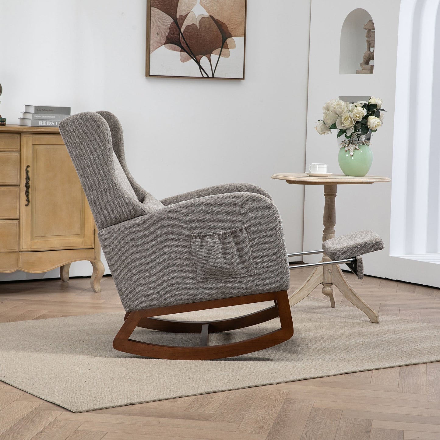 25.4'W Modern Rocking Chair for Nursery, Mid Century Accent Arm Rocker With Retractable Footrest, Side Pocket, Comfy Upholstered Wingback Wooden Glider Chair for Living Room Baby Kids Room. Taupe