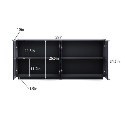 Navy Blue Buffet Cabinet - Modern Sideboard with 3D Water Ripple Texture, Soft Close Doors, 59" Wide Storage for Dining Room, Living Area, Entryway - Fluent Trends