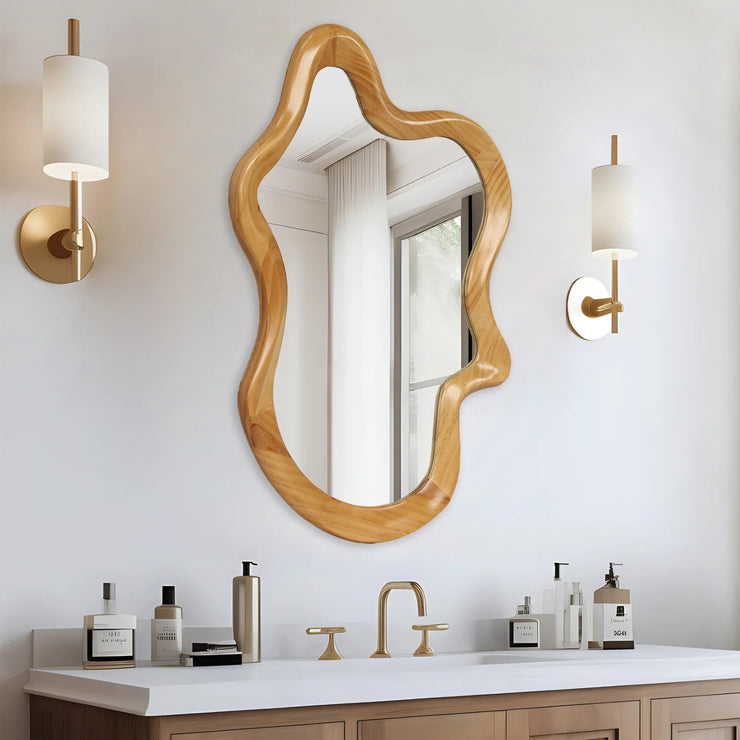 Irregular Wall Mirror with Natural Wood Frame - 33.46" x 22.24" - Fluent Trends