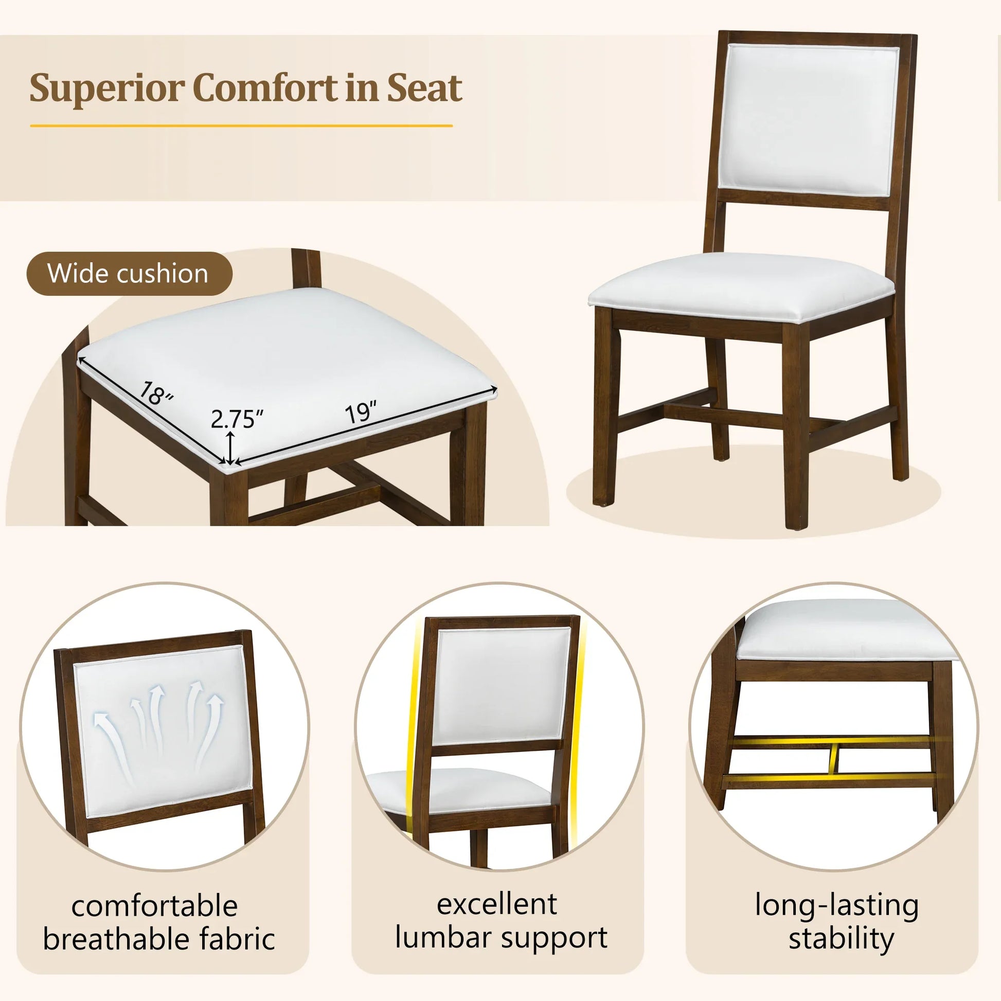 Wooden chair with wide cushioned white seat and backrest featuring breathable fabric, lumbar support, and stable frame
