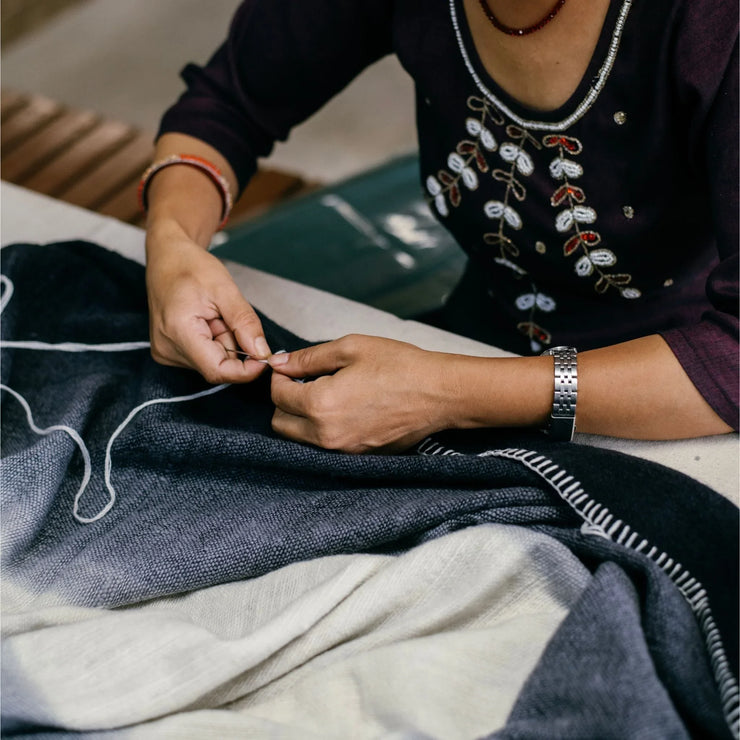 Ink Black White Ombre Textured Throw In Hand Spun Merino And Hand Stitched Hem - Fluent Trends Throw Blankets