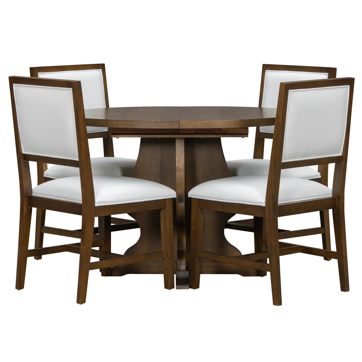 Round wooden dining table with four white cushioned chairs featuring wooden frames