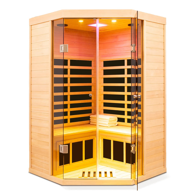Deluxe Hemlock Far Infrared Corner Sauna Room with Glass Front for Two Persons - Fluent Trends
