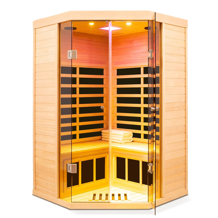 Deluxe Hemlock Far Infrared Corner Sauna Room with Glass Front for Two Persons - Fluent Trends