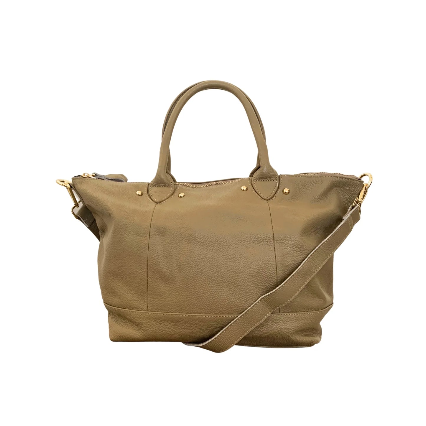 Fluent Trends tan leather tote bag with gold studs, handles, and adjustable shoulder strap