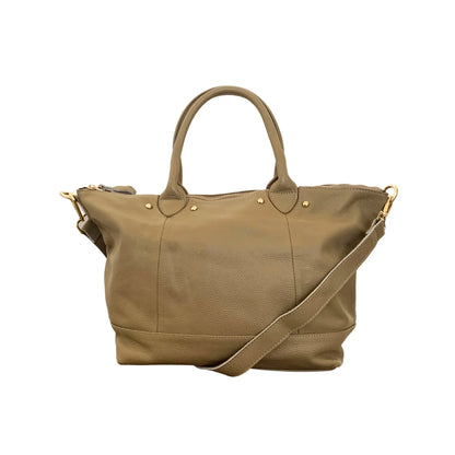 Fluent Trends tan leather tote bag with gold studs, handles, and adjustable shoulder strap