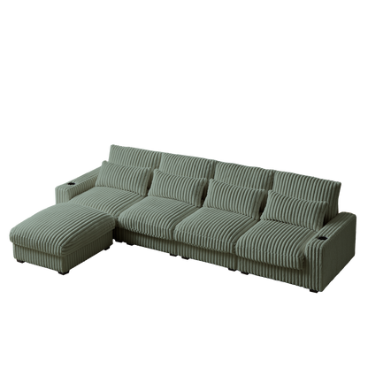126-inch Corduroy With Cup Holder Super Large L-Shaped Sofa, Movable Footrest