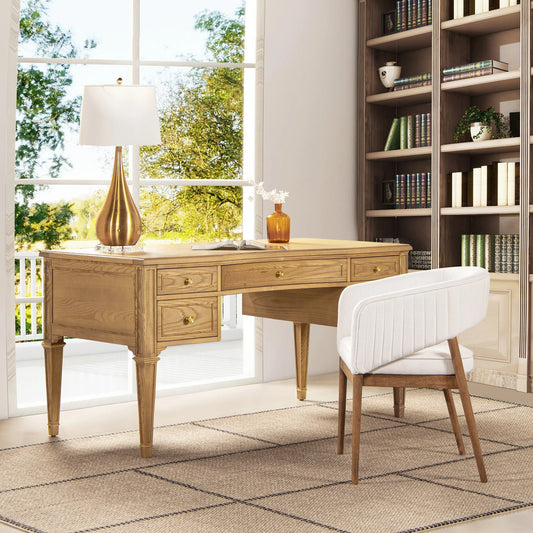 Ash wood executive desk featuring a natural brown finish with five drawers and elegant satin-gold pulls for an elevated study.