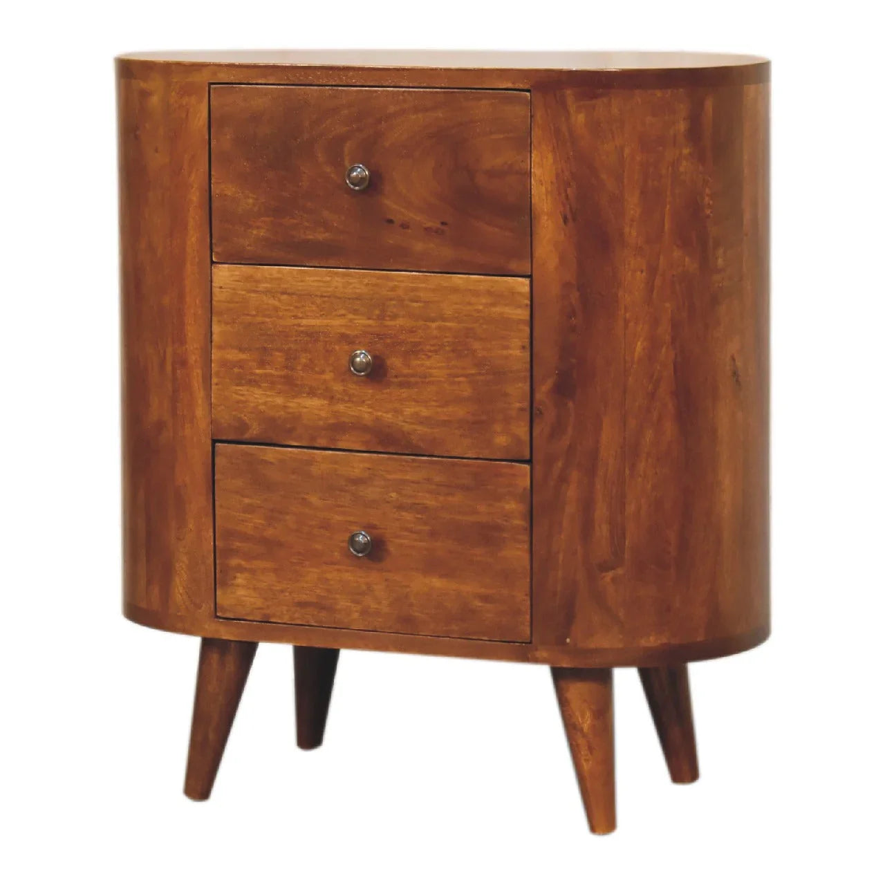 Three-quarter view of chestnut mango wood compact cabinet showing swirling grain three drawers silver knobs and Nordic legs