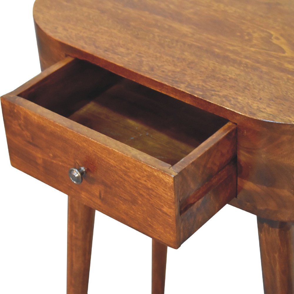 Open drawer interior of chestnut solid wood console table showing solid wood construction dovetail box and metal knob pull on white background