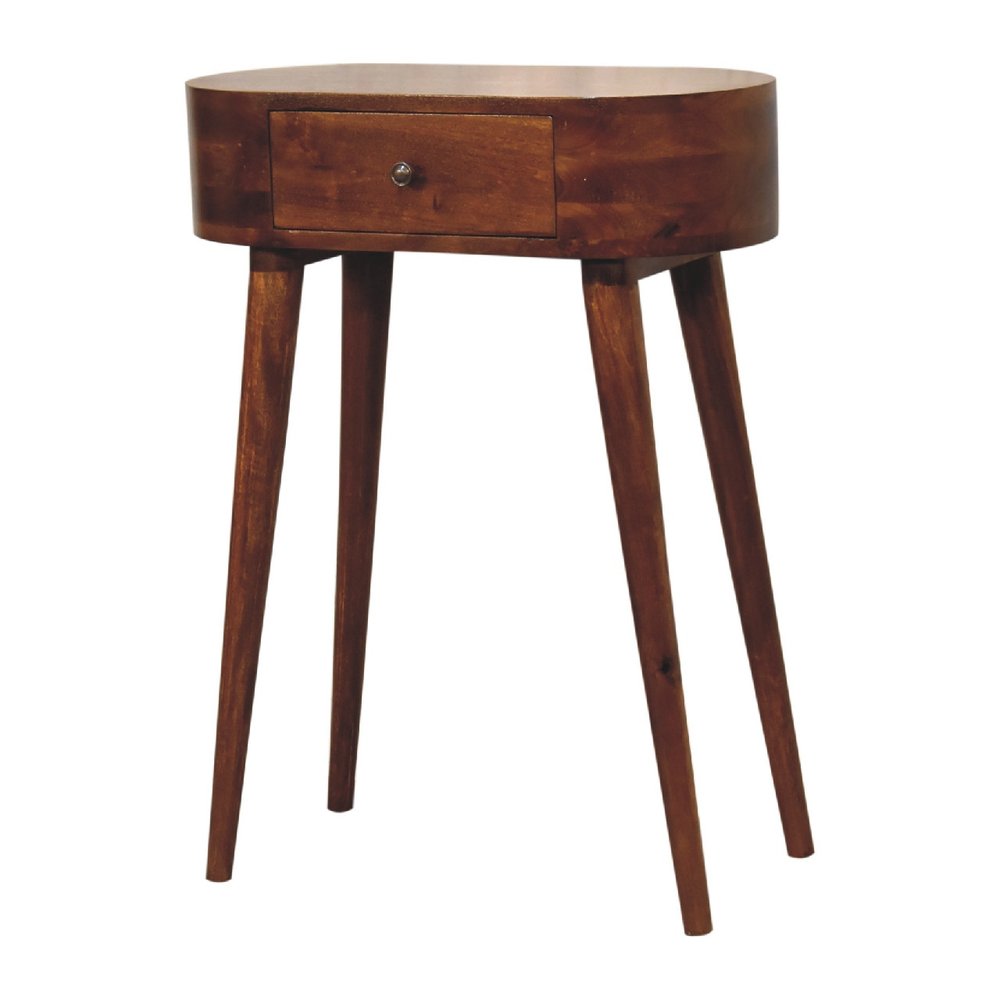 Chestnut oval solid wood console table with drawer showing oval top and splayed four-leg base from slight angle on white background