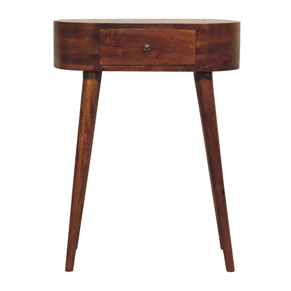 Chestnut oval solid wood console table with single drawer and splayed four-leg base on white background