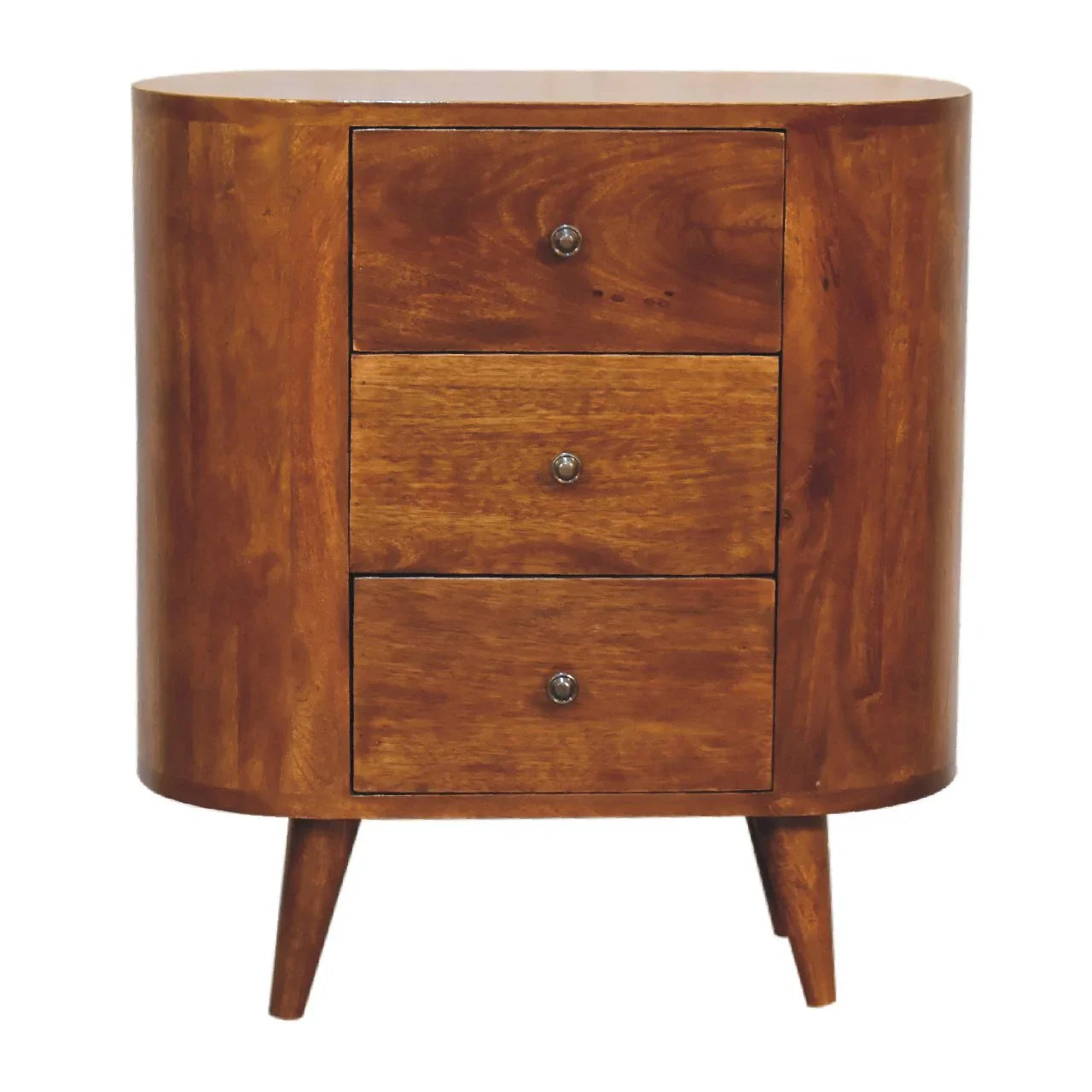 Chestnut solid wood compact cabinet front view with three drawers brass-tone knobs and Nordic splayed tapered legs