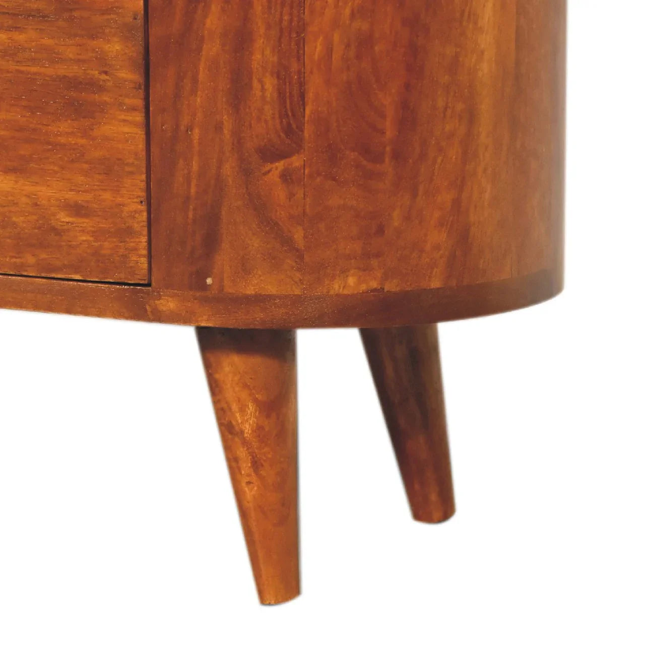 Close-up of Nordic splayed tapered legs on chestnut solid wood compact cabinet with swirling grain curved side panel detail