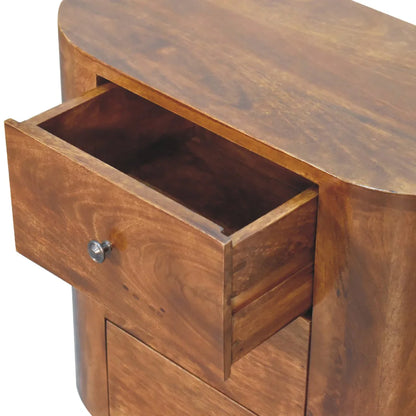 Open drawer interior of chestnut solid wood compact cabinet showing roomy storage depth solid wood construction and corner joinery