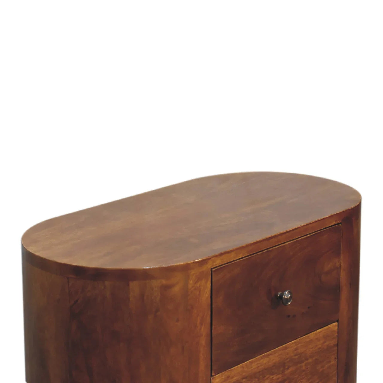 Oval top surface detail of chestnut solid wood compact cabinet showing smooth mango wood grain and softly rounded edges