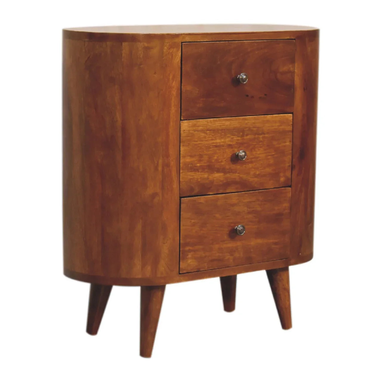 Right-angle view of chestnut solid wood compact cabinet showing two-tone grain contrast three drawers and four Nordic splayed legs