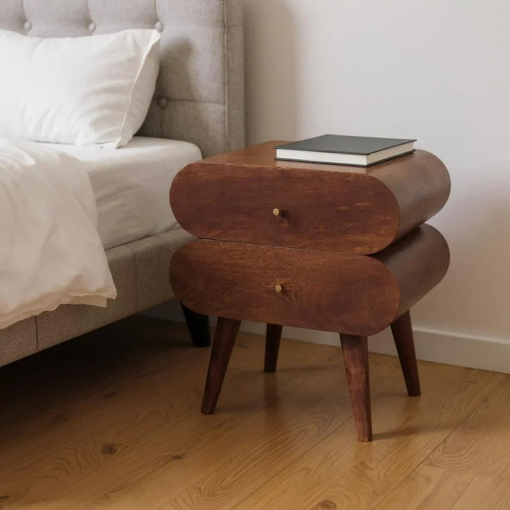 Chestnut Solid Wood Nightstand Two Drawer curved silhouette tapered legs warm chestnut finish bedroom lifestyle styled

