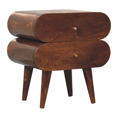 Chestnut Solid Wood Nightstand Two Drawer sculptural stacked oval silhouette brass knob pulls splayed tapered legs rich chestnut grain