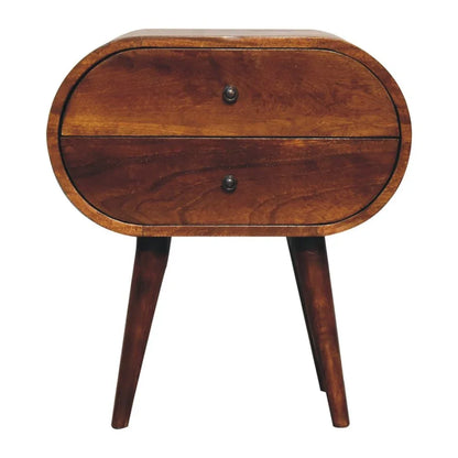 Chestnut solid wood oval nightstand front view with splayed tapered legs and warm chestnut finish