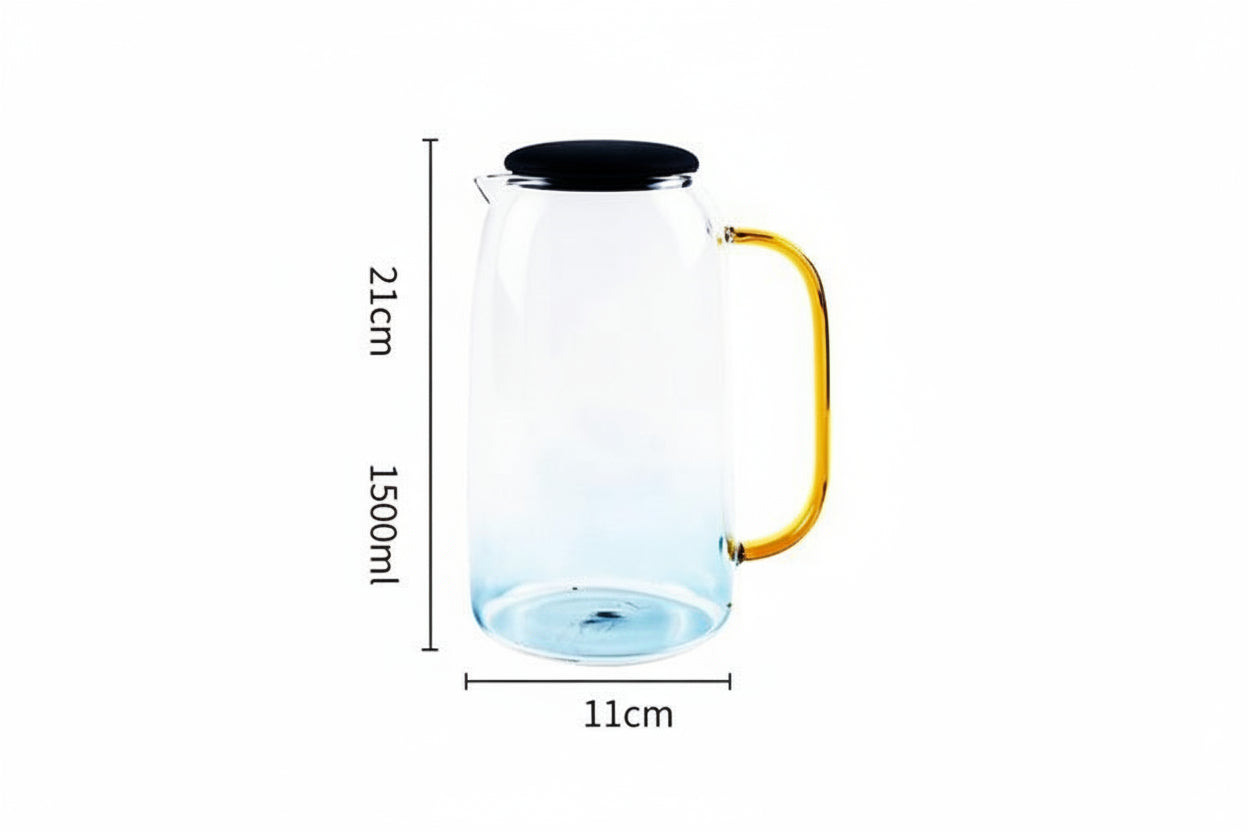 Clear glass carafe with gold handle and black lid showing 1500ml capacity and 21cm height on white background