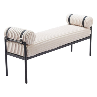 Cream corduroy upholstered bedroom bench angled view showing bolster arms buckle straps and black steel legs on white background