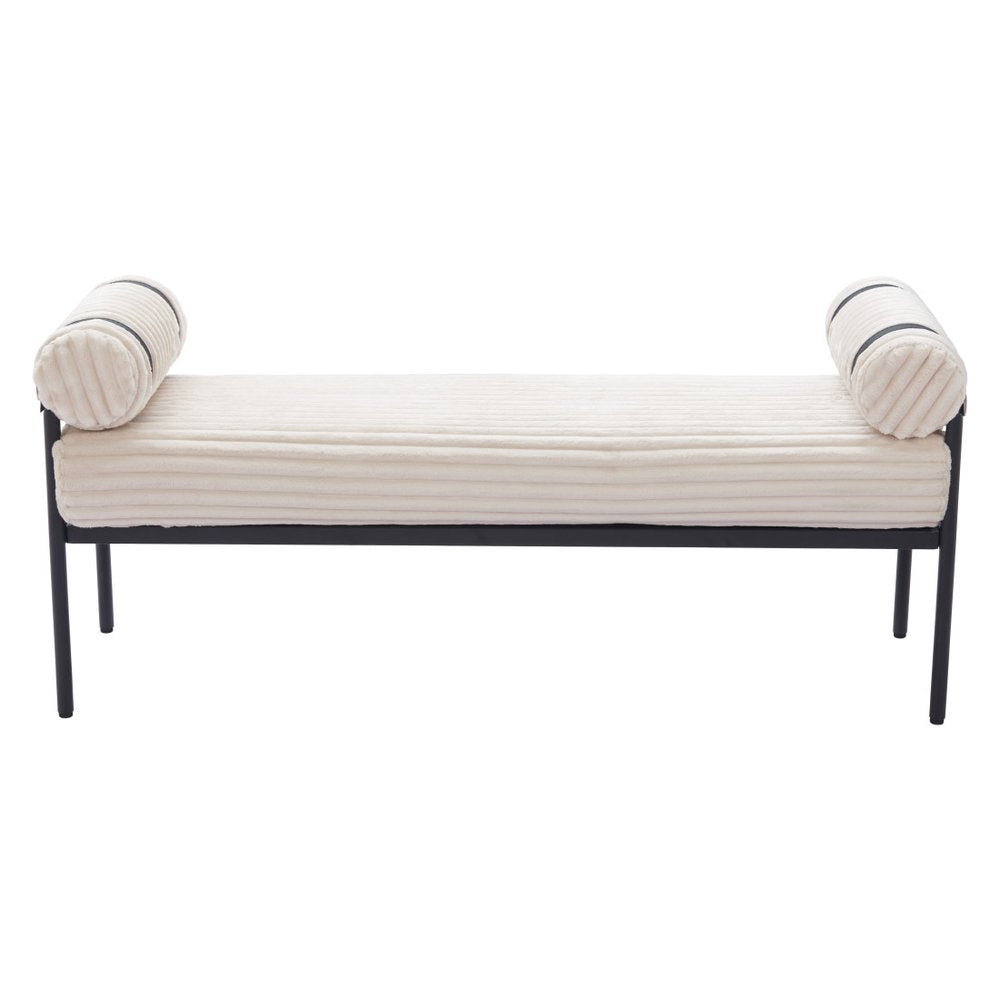 Cream corduroy upholstered bedroom bench with bolster arms and black steel base on white background