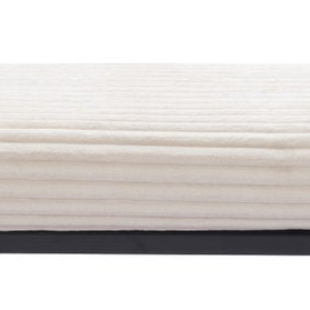 Cream corduroy upholstered bedroom bench seat cushion closeup showing ribbed corduroy texture and black steel frame edge