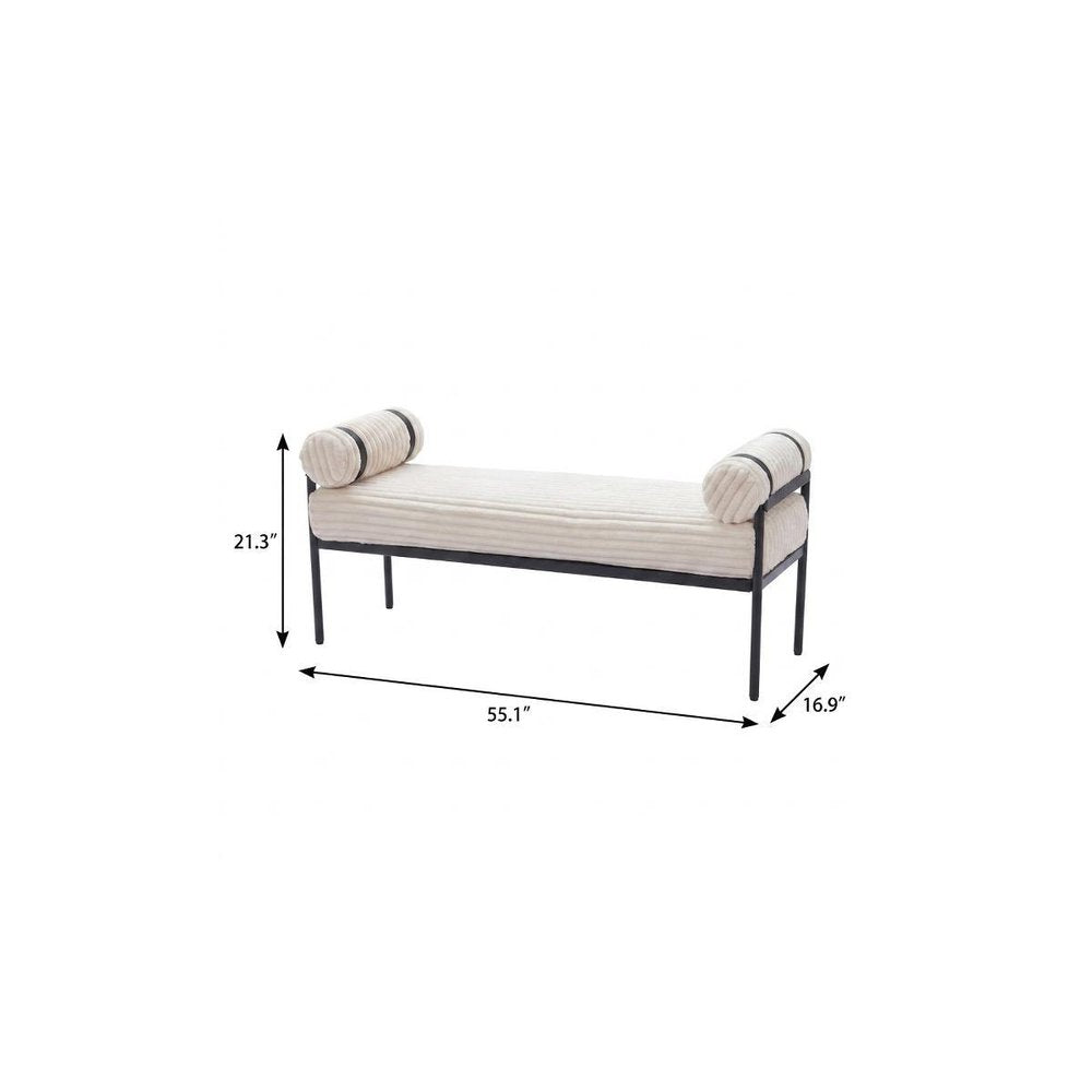 Cream corduroy upholstered bedroom bench dimensions diagram showing 55.1 inches long 16.9 inches deep and 21.3 inches tall with black steel base