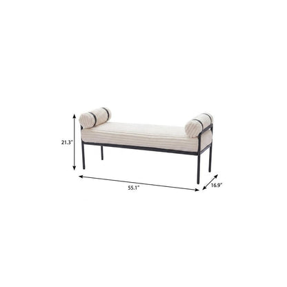 Cream corduroy upholstered bedroom bench dimensions diagram showing 55.1 inches long 16.9 inches deep and 21.3 inches tall with black steel base