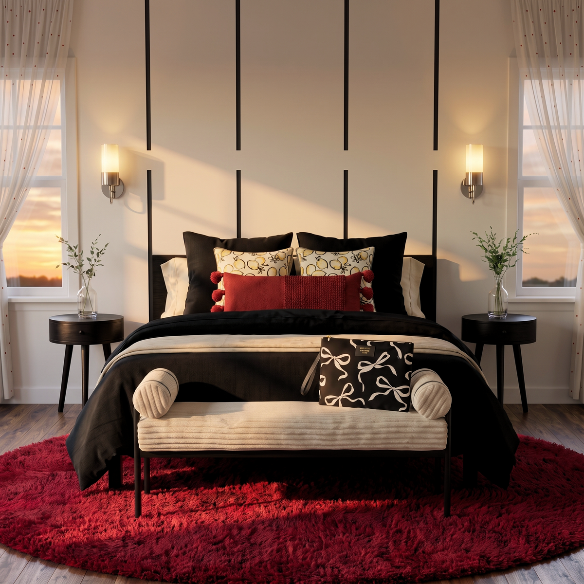 Cream corduroy upholstered bedroom bench at foot of black bed styled with red shag rug wall sconces and decorative pillows