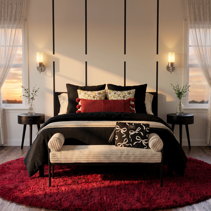 Cream corduroy upholstered bedroom bench at foot of black bed styled with red shag rug wall sconces and decorative pillows