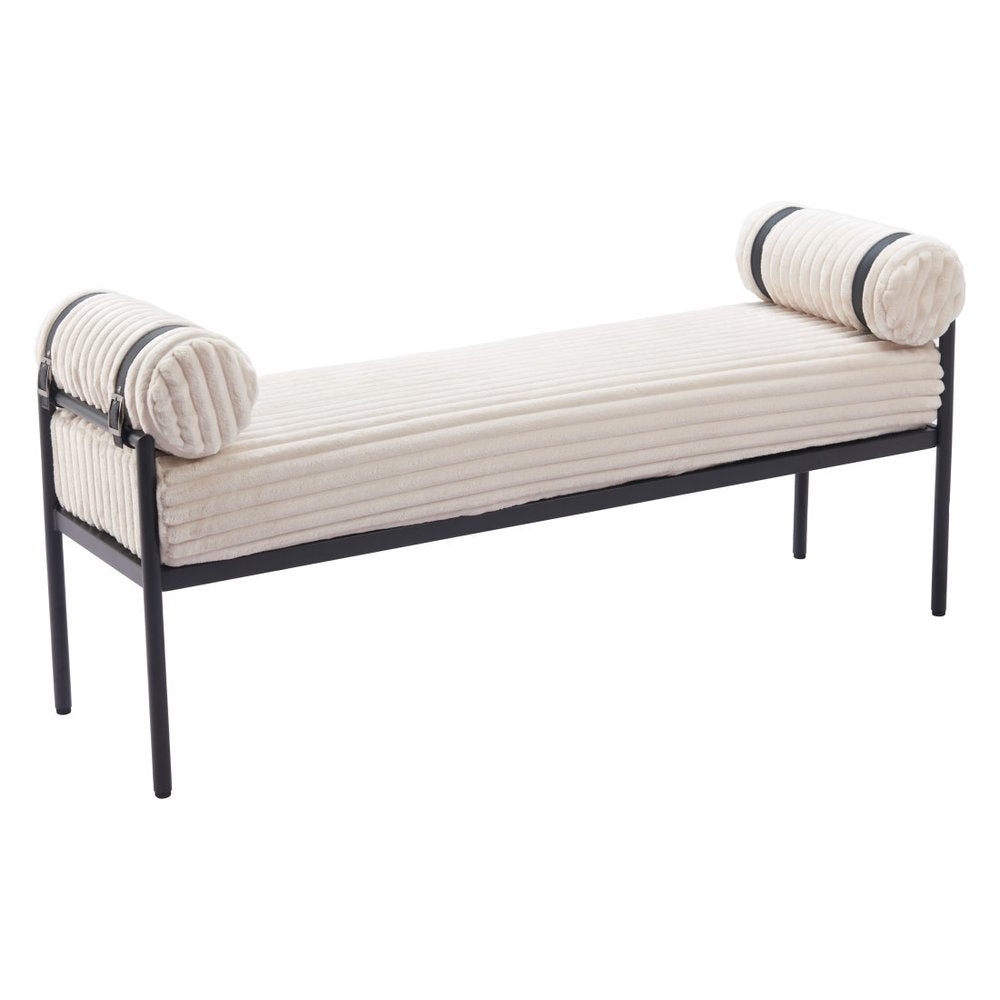 Cream corduroy upholstered bedroom bench three quarter view showing corduroy texture bolster arms buckle straps and black steel legs on white background