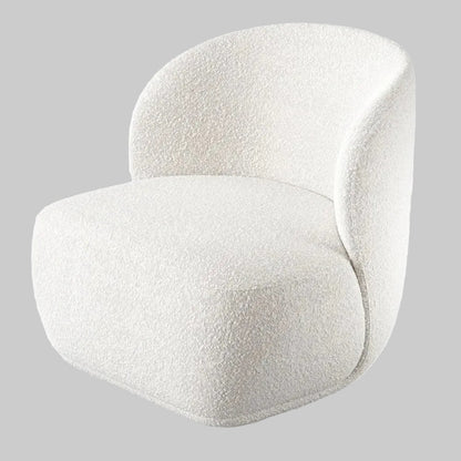 Studio shot of a white boucle barrel chair featuring a soft gray background that highlights its curved armless design and textured material.